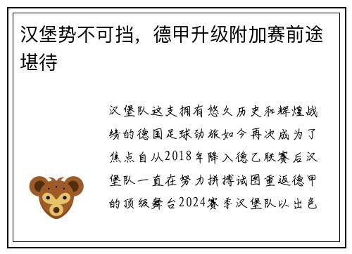 汉堡势不可挡，德甲升级附加赛前途堪待