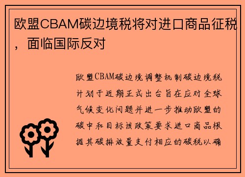 欧盟CBAM碳边境税将对进口商品征税，面临国际反对