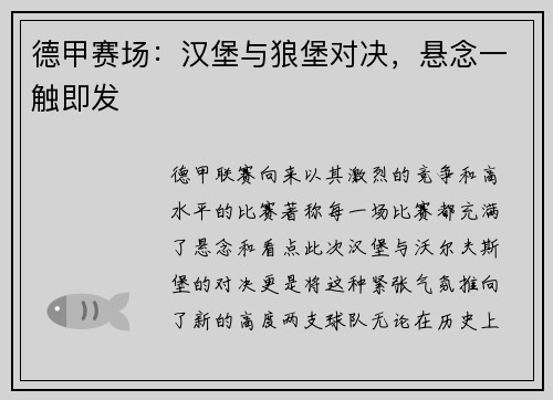德甲赛场：汉堡与狼堡对决，悬念一触即发